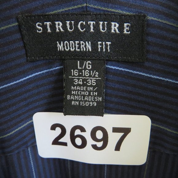 Structure* Men's Long Sleeve Button Down Curved Hem Stripe Shirt~Large 16"-16.5" - Picture 3 of 10
